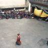 Shinje yab yum (gShin rje yab yum) dancers (monks), and the crowd, Paro Tshechu (tshes bcu), 1st day, in the dzong.