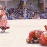 Atsara playing during the dance of the Wrathful deities (gTum rngam), dance arena, Paro Tshechu (tshes bcu), 3rd day