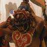 Mask dancer of the Ging with drums (rnga ging) from the entourage of Guru Rinpoche, Paro Tshechu (tshe bcu), 5th day
