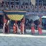 Monk Musicians during the procession around the dance arena, Paro Tshechu (tshe bcu).