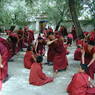 Monks debating religious topics in the debate courtyard.