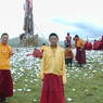Monks gathered at the cairn on top of one of the hills above Larung Gar.