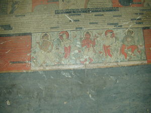 A close up of goddesses dancing in a scene on the walls of the inner circumambulation corridor. (Zhalu Gön, China)