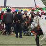 Tibetan men competing in horse game at Lhagang Festival.&nbsp;