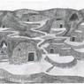 Type I.2c. An artist's conception of a residential complex built into caves with all-stone corbelled anterooms (drawn by Kleo Belay)